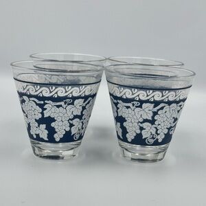 Vintage 1960s Hazel Atlas Grape Design Blue & White Lowball Glasses- Set of 4